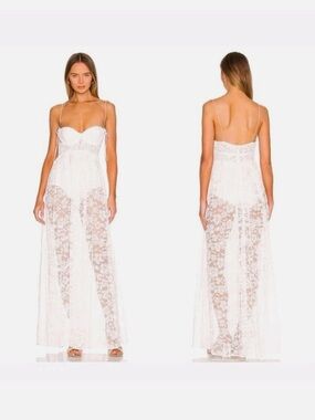 For Love & Lemons White Lace Sheer Maxi Slip Dress